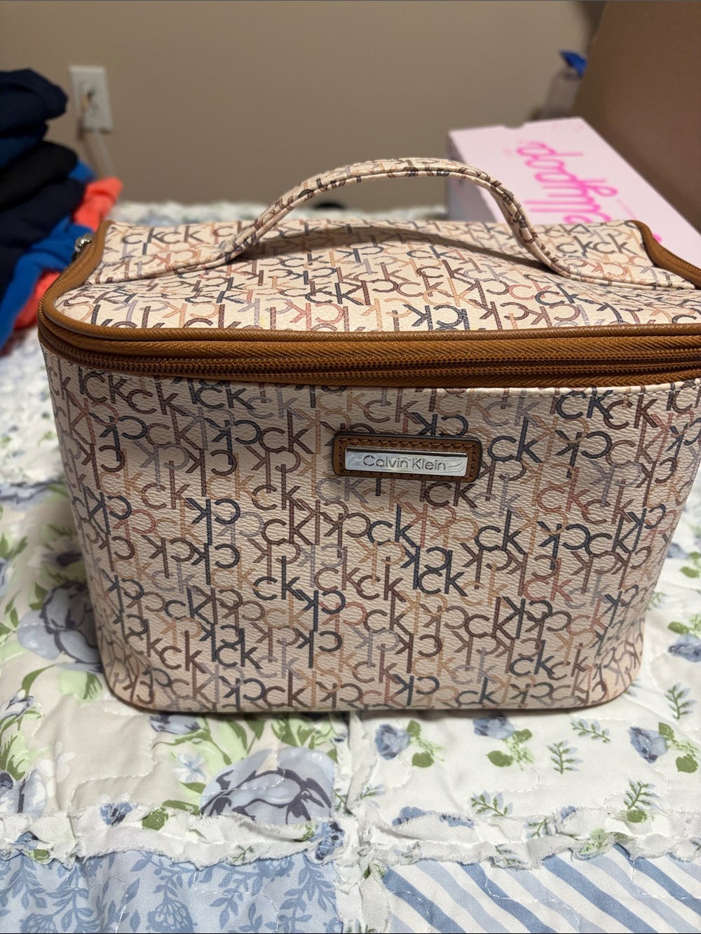 Calvin Klein Beige Monogram Cosmetic Train Case with Tan Trim